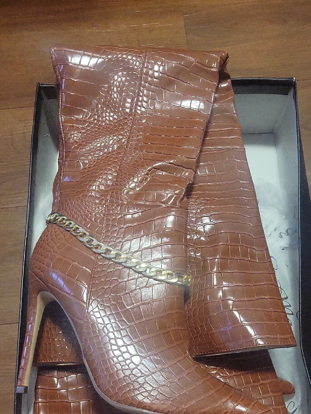 So Me Brown Croc-Embossed Stiletto Knee Boots with Gold Chain